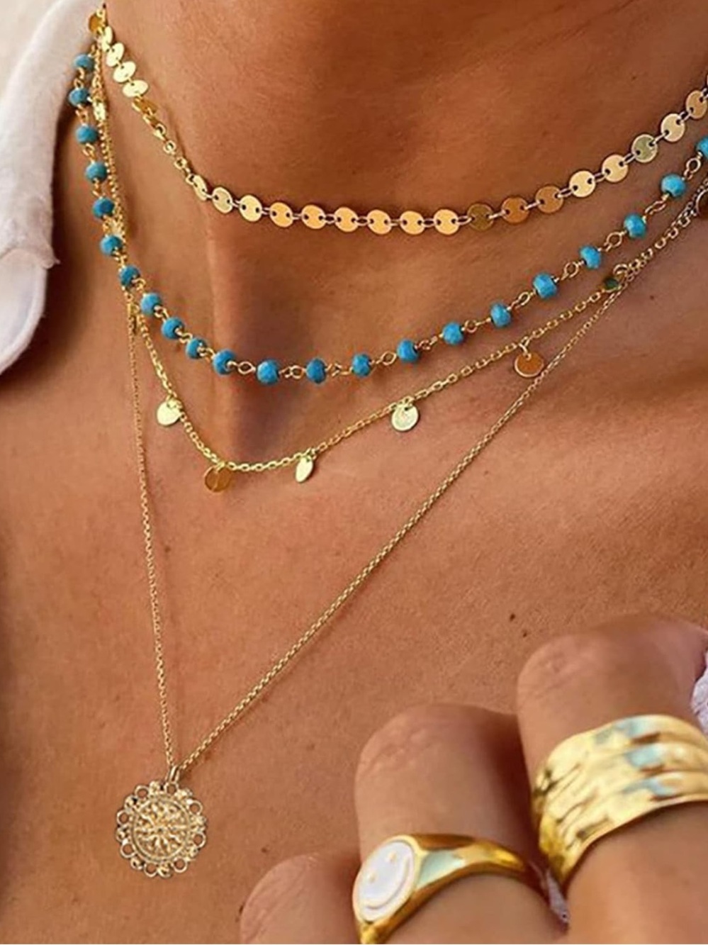 Anthropologie Gold Layered Coin Necklace with Turquoise Beads - Picture 4 of 6